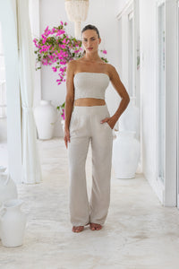 Womens stylish, super soft 100% cotton Rachel Trousers in taupe, featuring an elasticated waist and pockets for a flattering and comfortable fit