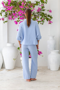 Womens super soft, 100% cotton, button up, relaxed fit Box Shirt in Baby Blue, with 3/4 length sleeves. Pair with our matching shorts and trousers