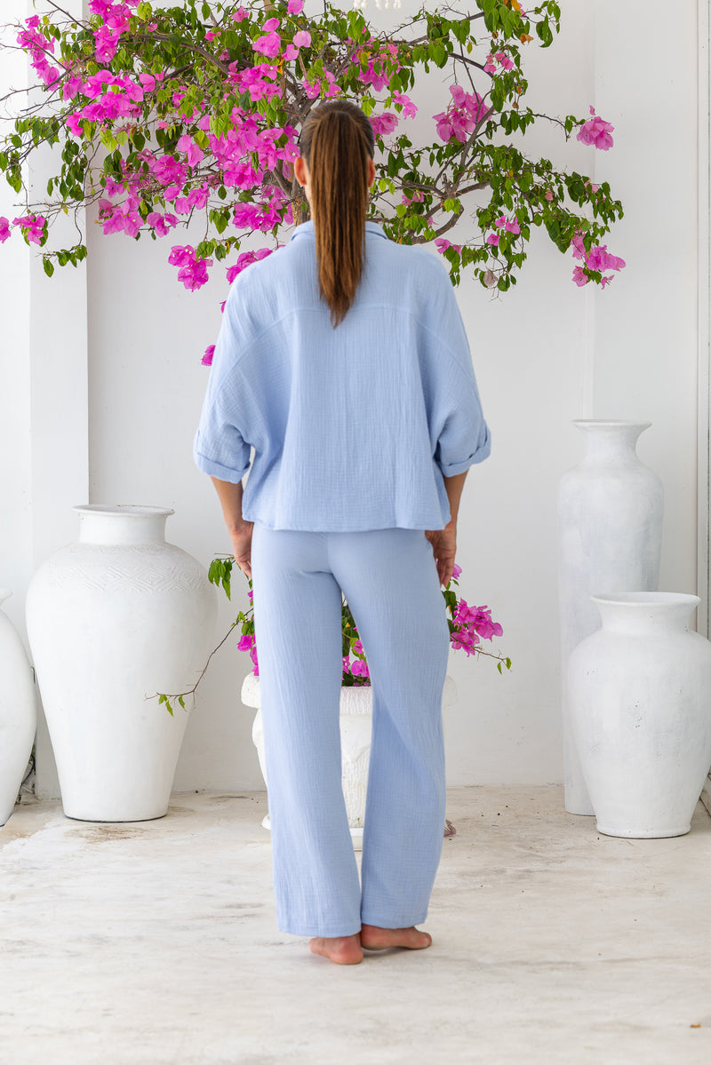 Womens super soft, 100% cotton, button up, relaxed fit Box Shirt in Baby Blue, with 3/4 length sleeves. Pair with our matching shorts and trousers