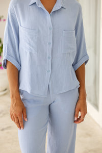 Womens super soft, 100% cotton, button up, relaxed fit Box Shirt in Baby Blue, with 3/4 length sleeves. Pair with our matching shorts and trousers