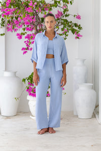 Womens super soft, 100% cotton, button up, relaxed fit Box Shirt in Baby Blue, with 3/4 length sleeves. Pair with our matching shorts and trousers