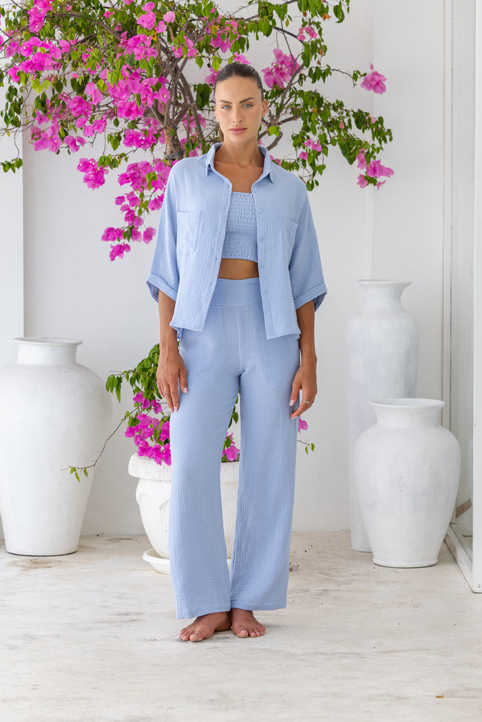 Womens super soft, 100% cotton, button up, relaxed fit Box Shirt in Baby Blue, with 3/4 length sleeves. Pair with our matching shorts and trousers