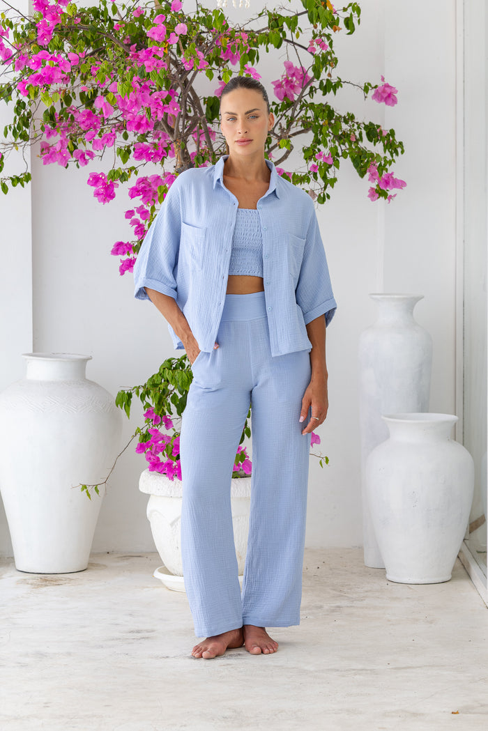 Womens super soft, 100% cotton, button up, relaxed fit Box Shirt in Baby Blue, with 3/4 length sleeves. Pair with our matching shorts and trousers