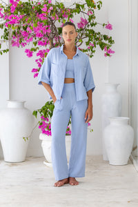 Womens stylish, super soft 100% cotton Rachel Trousers in baby blue, featuring an elasticated waist and pockets for a flattering and comfortable fit