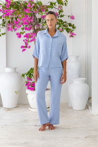 Womens super soft, 100% cotton, button up, relaxed fit Box Shirt in Baby Blue, with 3/4 length sleeves. Pair with our matching shorts and trousers