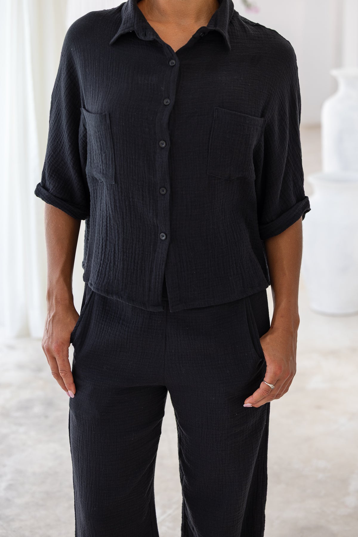 Women super soft, 100% cotton, button up, relaxed fit Box Shirt in black, with 3/4 length sleeves Pair with our matching shorts and trousers