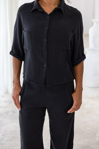 Women super soft, 100% cotton, button up, relaxed fit Box Shirt in black, with 3/4 length sleeves Pair with our matching shorts and trousers