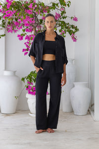 Women super soft, 100% cotton, button up, relaxed fit Box Shirt in black, with 3/4 length sleeves Pair with our matching shorts and trousers