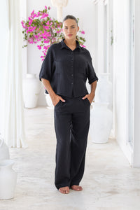 Women super soft, 100% cotton, button up, relaxed fit Box Shirt in black, with 3/4 length sleeves Pair with our matching shorts and trousers