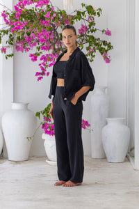 Women super soft, 100% cotton, button up, relaxed fit Box Shirt in black, with 3/4 length sleeves Pair with our matching shorts and trousers