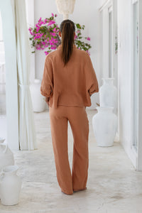 Womens super soft, 100% cotton, button up, relaxed fit Box Shirt in brick, with 3/4 length sleeves Pair with our matching shorts and trousers