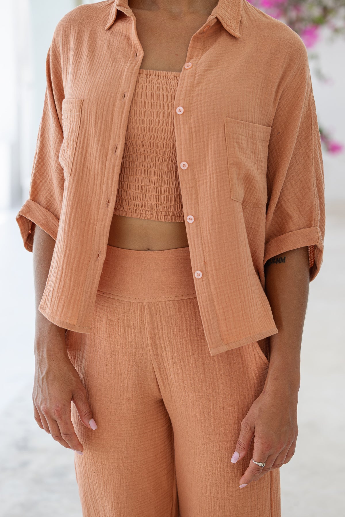 Womens super soft, 100% cotton, button up, relaxed fit Box Shirt in brick, with 3/4 length sleeves Pair with our matching shorts and trousers