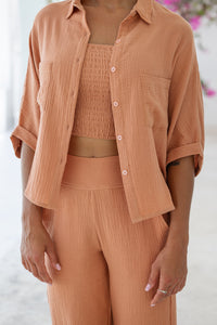 Womens super soft, 100% cotton, button up, relaxed fit Box Shirt in brick, with 3/4 length sleeves Pair with our matching shorts and trousers