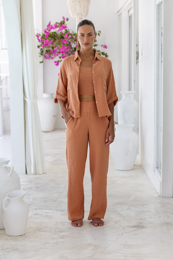 Womens super soft, 100% cotton, button up, relaxed fit Box Shirt in brick, with 3/4 length sleeves Pair with our matching shorts and trousers