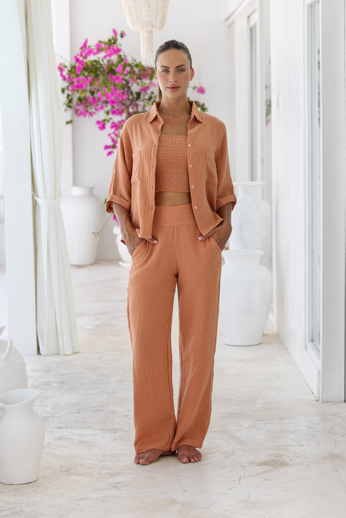 Womens super soft, 100% cotton, button up, relaxed fit Box Shirt in brick, with 3/4 length sleeves Pair with our matching shorts and trousers