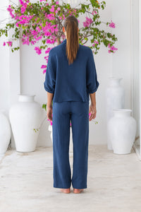 Womens super soft, 100% cotton, button up, relaxed fit Box Shirt in navy blue, with 3/4 length sleeves Pair with our matching shorts and trousers