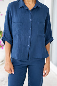 Womens super soft, 100% cotton, button up, relaxed fit Box Shirt in navy blue, with 3/4 length sleeves Pair with our matching shorts and trousers