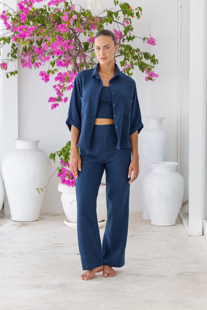 Womens super soft, 100% cotton, button up, relaxed fit Box Shirt in navy blue, with 3/4 length sleeves Pair with our matching shorts and trousers