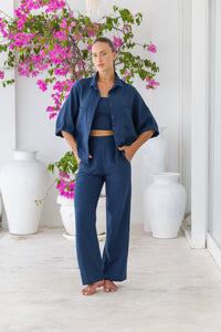 Womens super soft, 100% cotton, button up, relaxed fit Box Shirt in navy blue, with 3/4 length sleeves Pair with our matching shorts and trousers