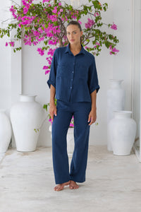 Womens super soft, 100% cotton, button up, relaxed fit Box Shirt in navy blue, with 3/4 length sleeves Pair with our matching shorts and trousers