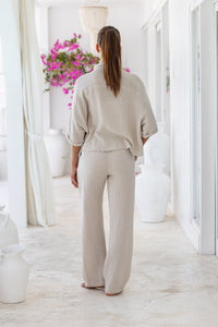 Womens super soft, 100% cotton, button up, relaxed fit Box Shirt in taupe, with 3/4 length sleeves Pair with our matching shorts and trousers