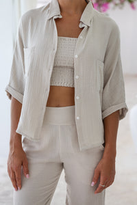 Womens super soft, 100% cotton, button up, relaxed fit Box Shirt in taupe, with 3/4 length sleeves Pair with our matching shorts and trousers