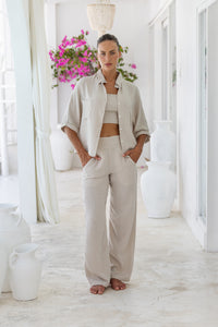 Womens stylish, super soft 100% cotton Rachel Trousers in taupe, featuring an elasticated waist and pockets for a flattering and comfortable fit