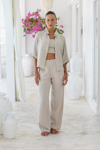 Womens super soft, 100% cotton, button up, relaxed fit Box Shirt in taupe, with 3/4 length sleeves Pair with our matching shorts and trousers