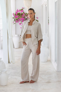 Womens super soft, 100% cotton, button up, relaxed fit Box Shirt in taupe, with 3/4 length sleeves Pair with our matching shorts and trousers