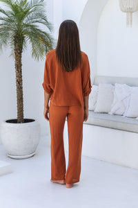Womens super soft, 100% cotton, button up, relaxed fit Box Shirt in terracotta, with 3/4 length sleeves Pair with our matching shorts and trousers