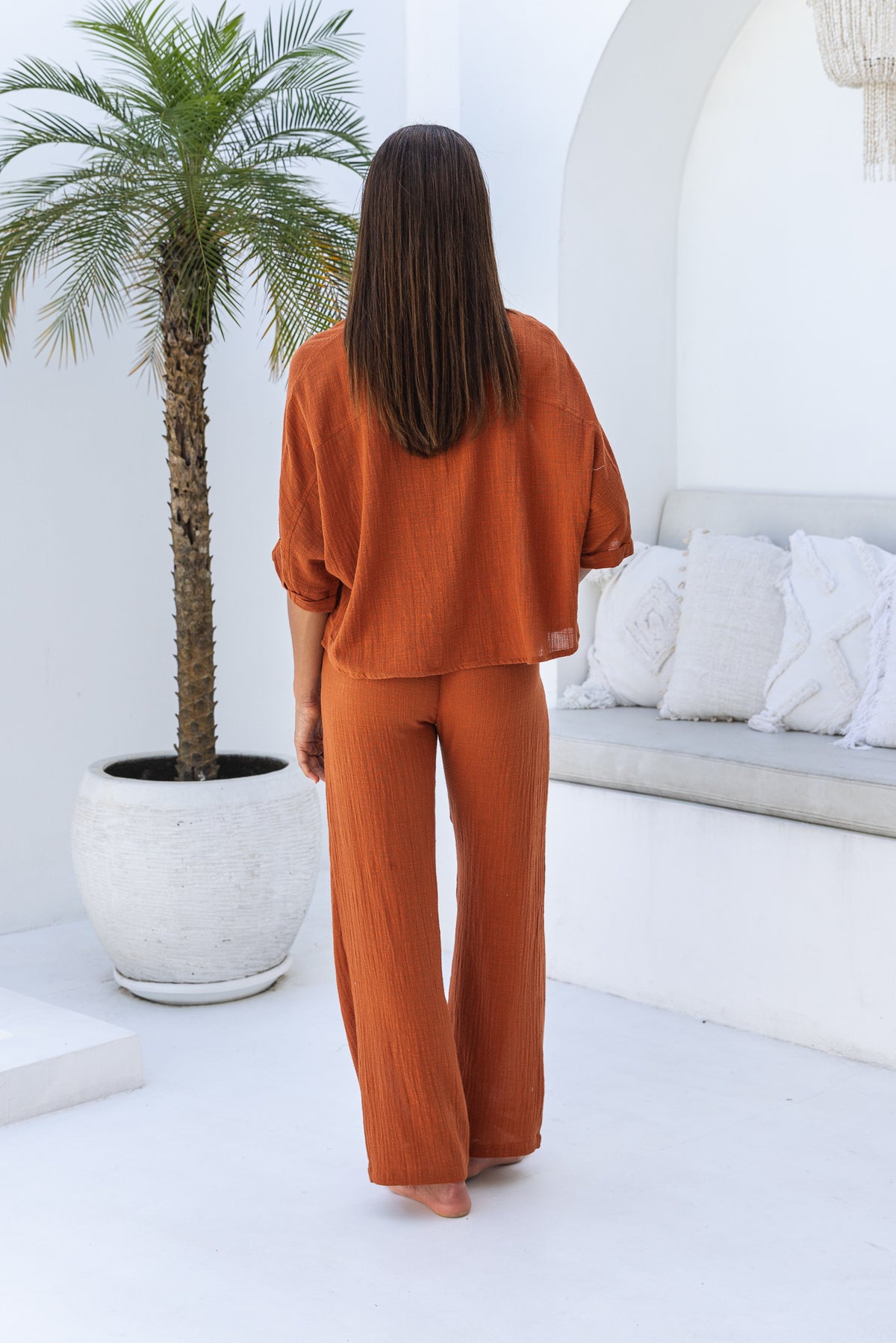 Womens super soft, 100% cotton, button up, relaxed fit Box Shirt in terracotta, with 3/4 length sleeves Pair with our matching shorts and trousers