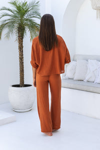 Womens super soft, 100% cotton, button up, relaxed fit Box Shirt in terracotta, with 3/4 length sleeves Pair with our matching shorts and trousers