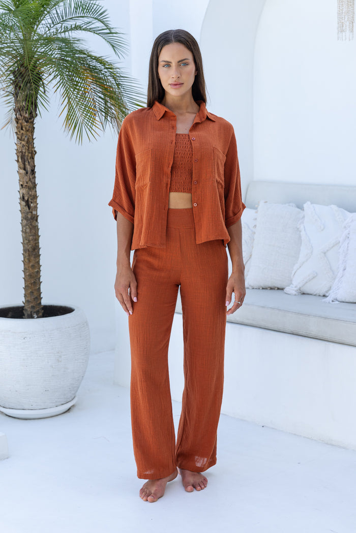 Womens super soft, 100% cotton, button up, relaxed fit Box Shirt in terracotta, with 3/4 length sleeves Pair with our matching shorts and trousers