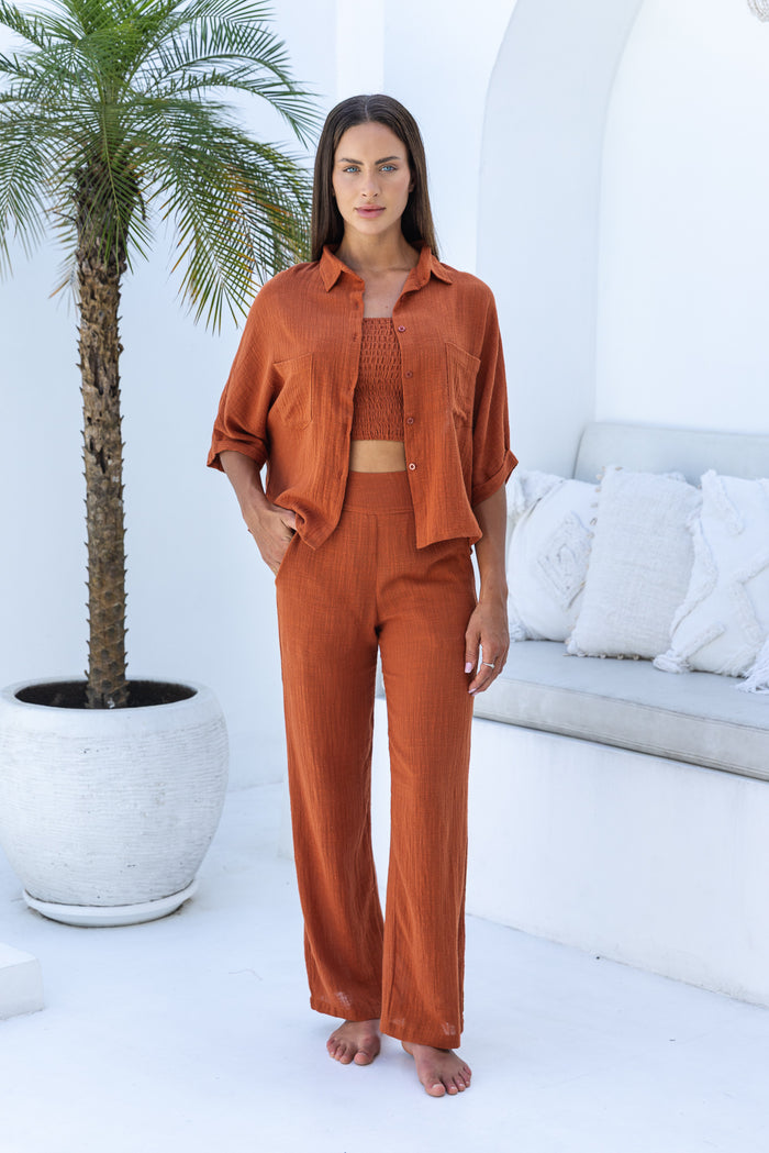 Womens super soft, 100% cotton, button up, relaxed fit Box Shirt in terracotta, with 3/4 length sleeves Pair with our matching shorts and trousers