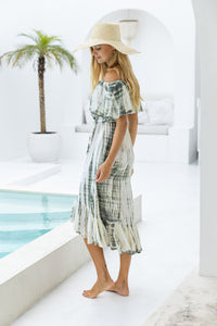 womens mid length tie dye dress in khaki and cream featuring an off the shoulder frill, elasticated waist, detachable belt and side pockets