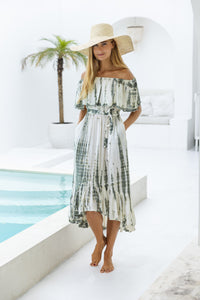 womens mid length tie dye dress in khaki and cream featuring an off the shoulder frill, elasticated waist, detachable belt and side pockets