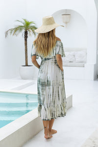 womens mid length tie dye dress in khaki and cream featuring an off the shoulder frill, elasticated waist, detachable belt and side pockets