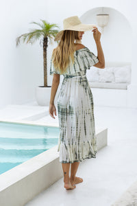 womens mid length tie dye dress in khaki and cream featuring an off the shoulder frill, elasticated waist, detachable belt and side pockets