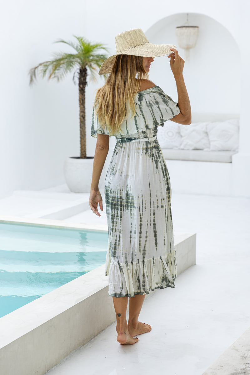 womens mid length tie dye dress in khaki and cream featuring an off the shoulder frill, elasticated waist, detachable belt and side pockets