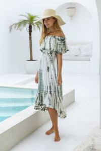 womens mid length tie dye dress in khaki and cream featuring an off the shoulder frill, elasticated waist, detachable belt and side pockets