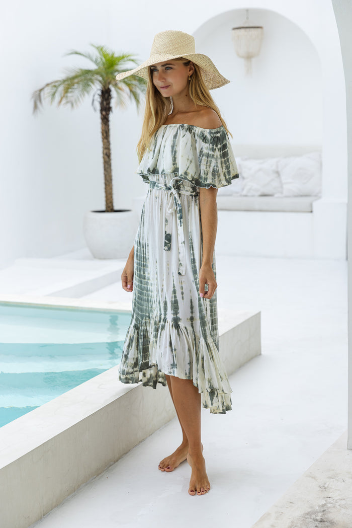womens mid length tie dye dress in khaki and cream featuring an off the shoulder frill, elasticated waist, detachable belt and side pockets