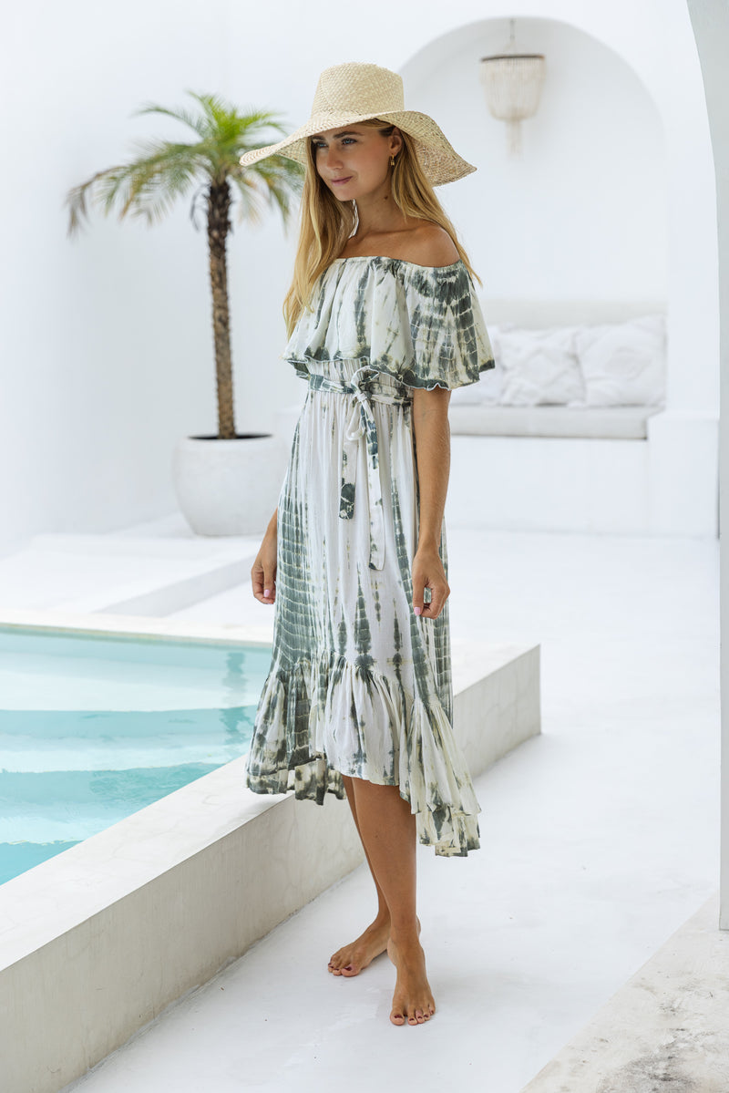 womens mid length tie dye dress in khaki and cream featuring an off the shoulder frill, elasticated waist, detachable belt and side pockets
