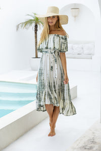 womens mid length tie dye dress in khaki and cream featuring an off the shoulder frill, elasticated waist, detachable belt and side pockets