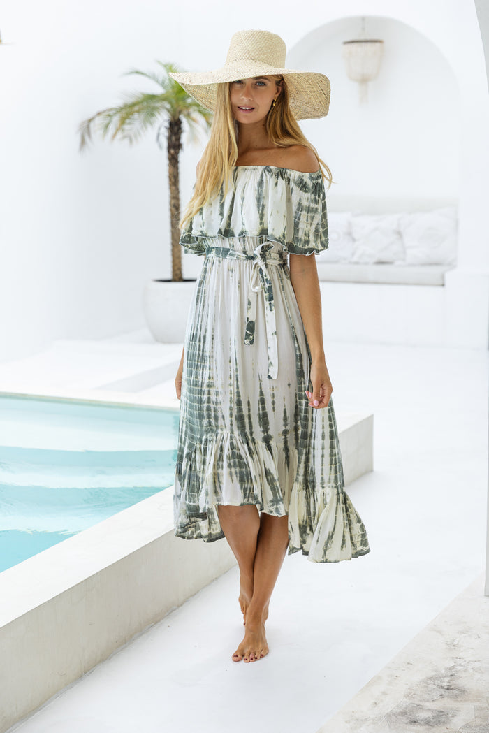 womens mid length tie dye dress in khaki and cream featuring an off the shoulder frill, elasticated waist, detachable belt and side pockets