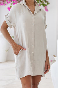 Womens super soft, 100% cotton Riley Shirt Dress in taupe with button down fastening, side pockets and 3/4 length sleeves with turn-up detail 