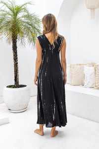 Womens Aria Maxi Dress in black tie dye, soft lightweight rayon with pockets, a detachable belt and hand beaded detailing.