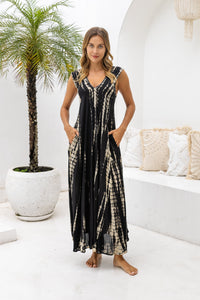 Womens Aria Maxi Dress in black tie dye, soft lightweight rayon with pockets, a detachable belt and hand beaded detailing.
