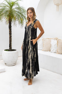 Womens Aria Maxi Dress in black tie dye, soft lightweight rayon with pockets, a detachable belt and hand beaded detailing.