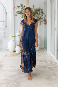 Womens Aria Maxi Dress in navy and copper tie dye, soft lightweight rayon with pockets, a detachable belt and hand beaded detailing.