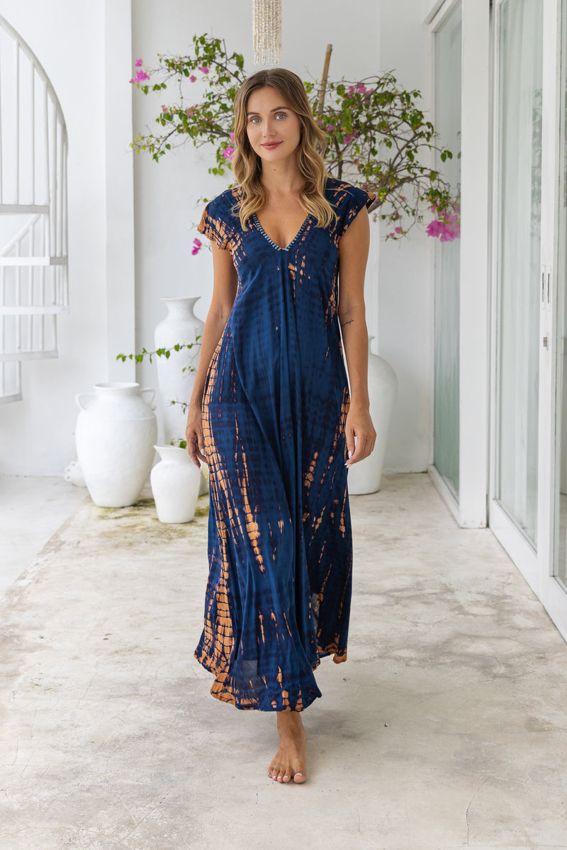 Aria Maxi Dress Navy and Copper Tie Dye